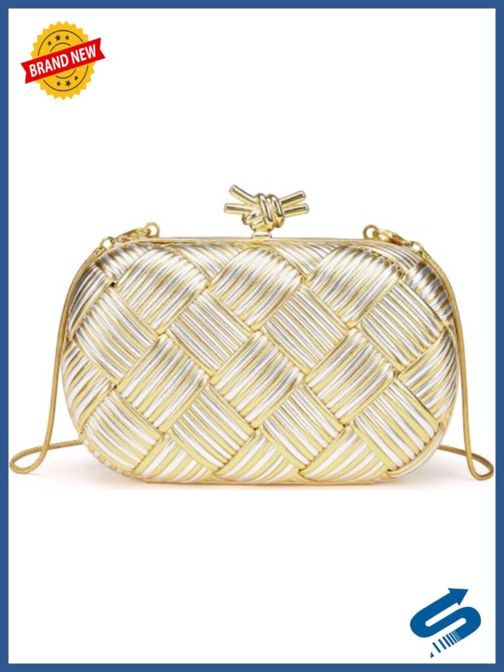 Metallic Woven Evening Clutch PU Leather with Gold Chain Crossbody
